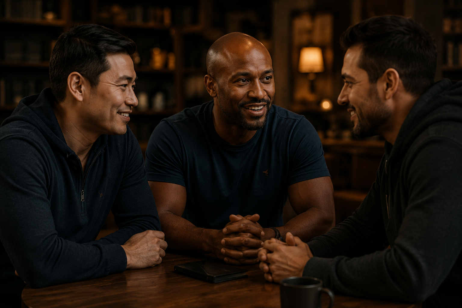 Three men having a supportive conversation