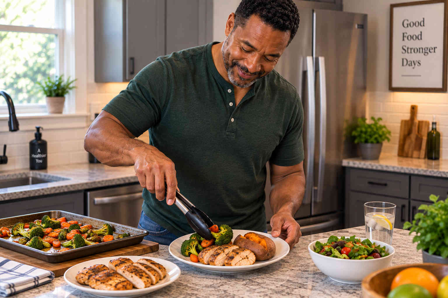 Man plating grilled chicken, roasted vegetables, and a baked sweet potato for a simple healthy dinner