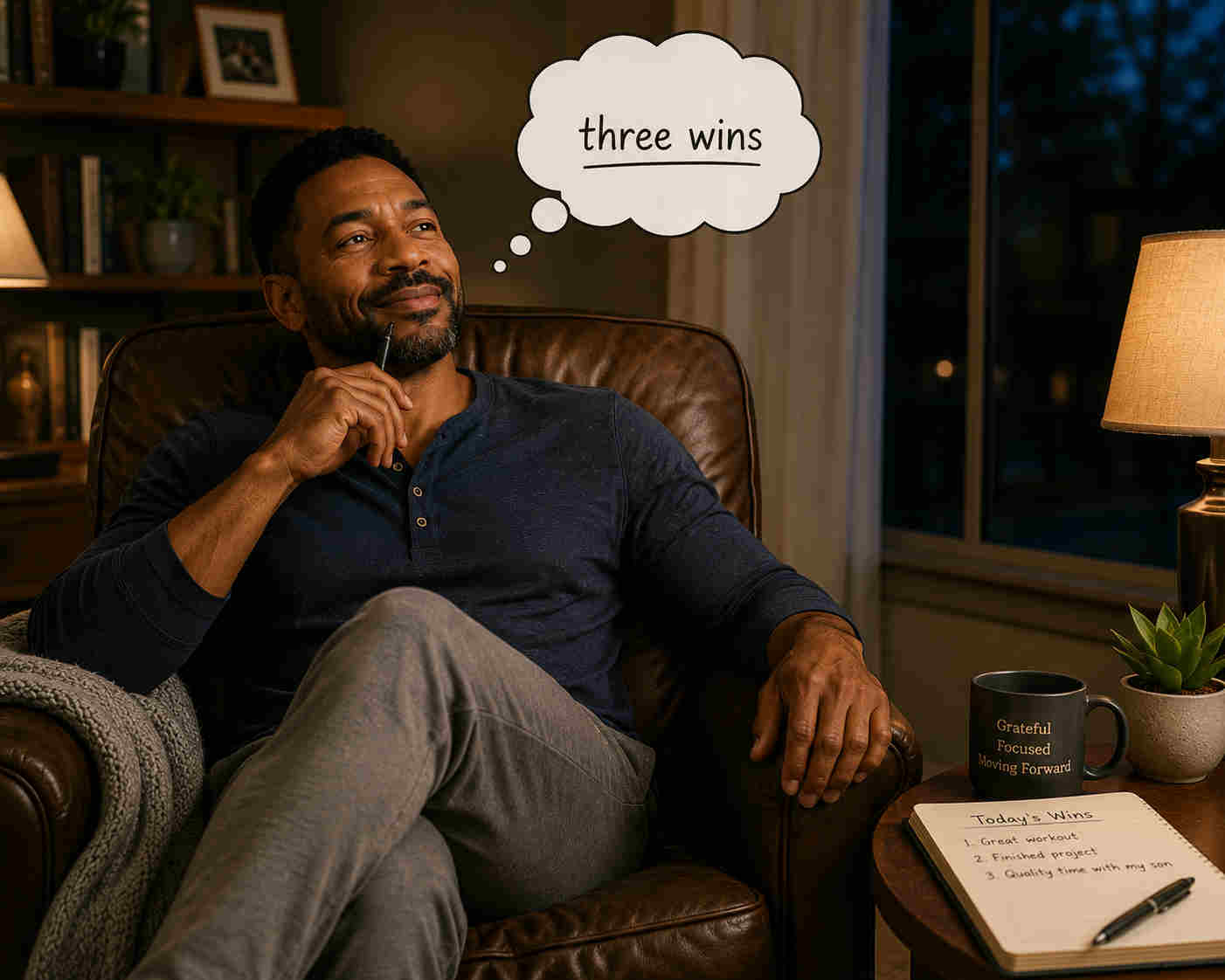 A satisfied man relaxing in an easy chair and reflecting on three wins from the day