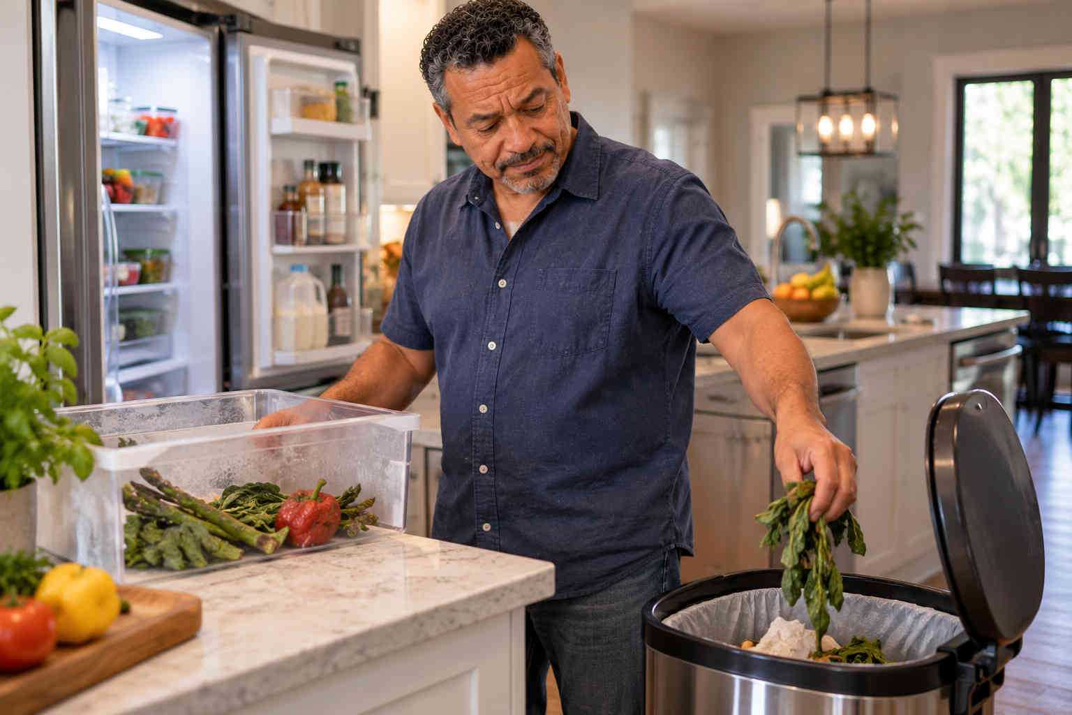 Man throwing wilted vegetables away after cleaning out his refrigerator