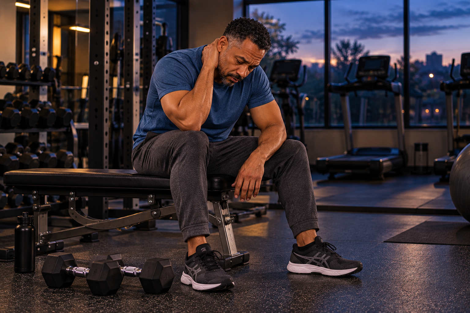 Marcus sitting tired in a gym after trying to force an early workout without enough sleep