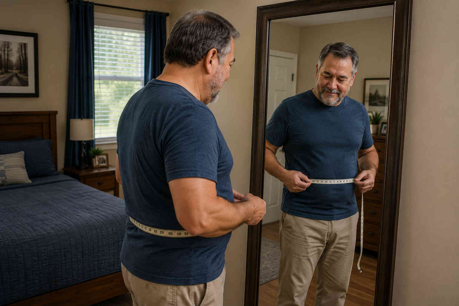 Overweight older man measuring his waist and noticing progress beyond the bathroom scale