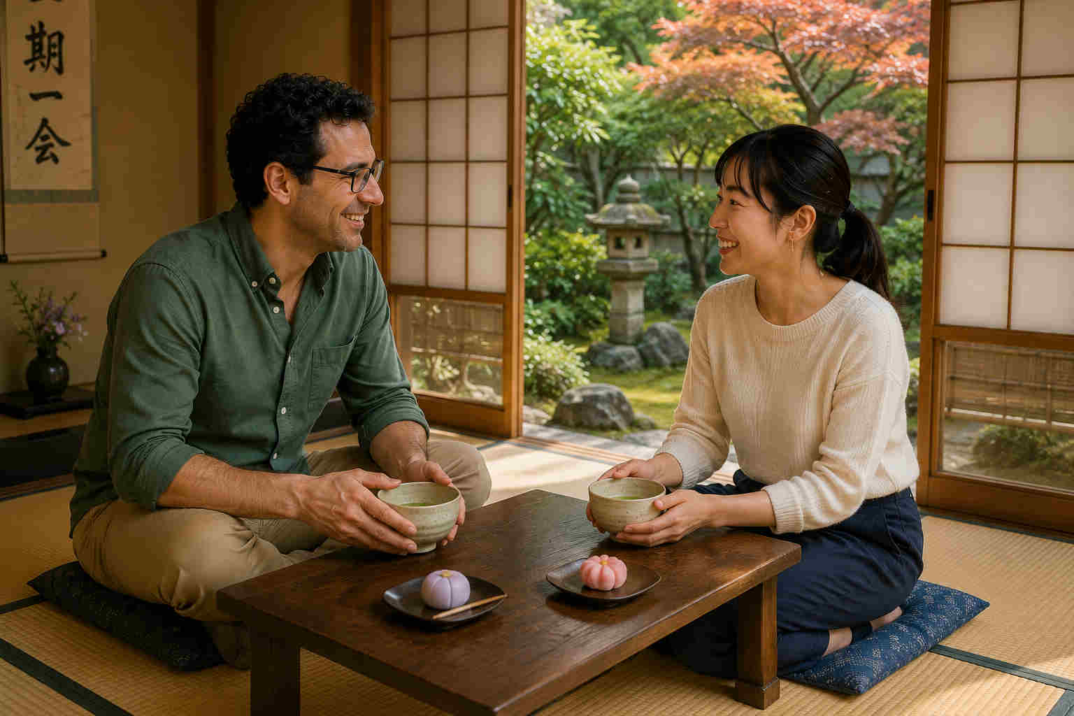 Western man and Japanese woman having a relaxed first date in a traditional neighborhood tea house overlooking a garden