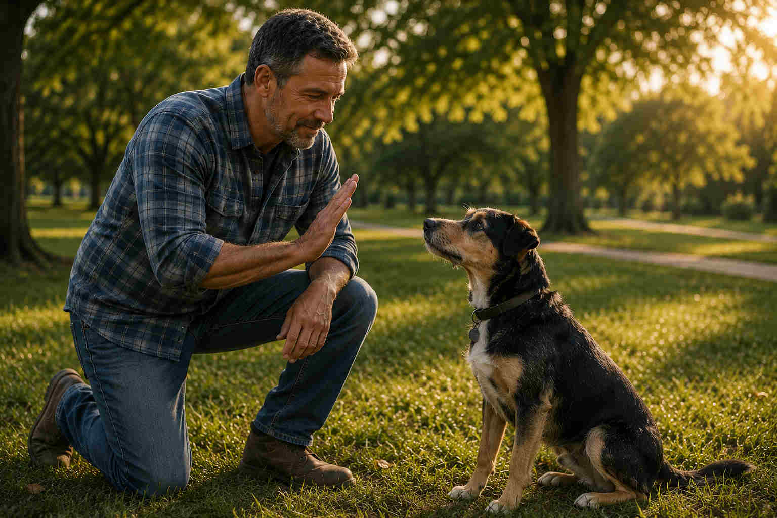 Man consistently training a rescue dog in a park as a symbol of trust built over time