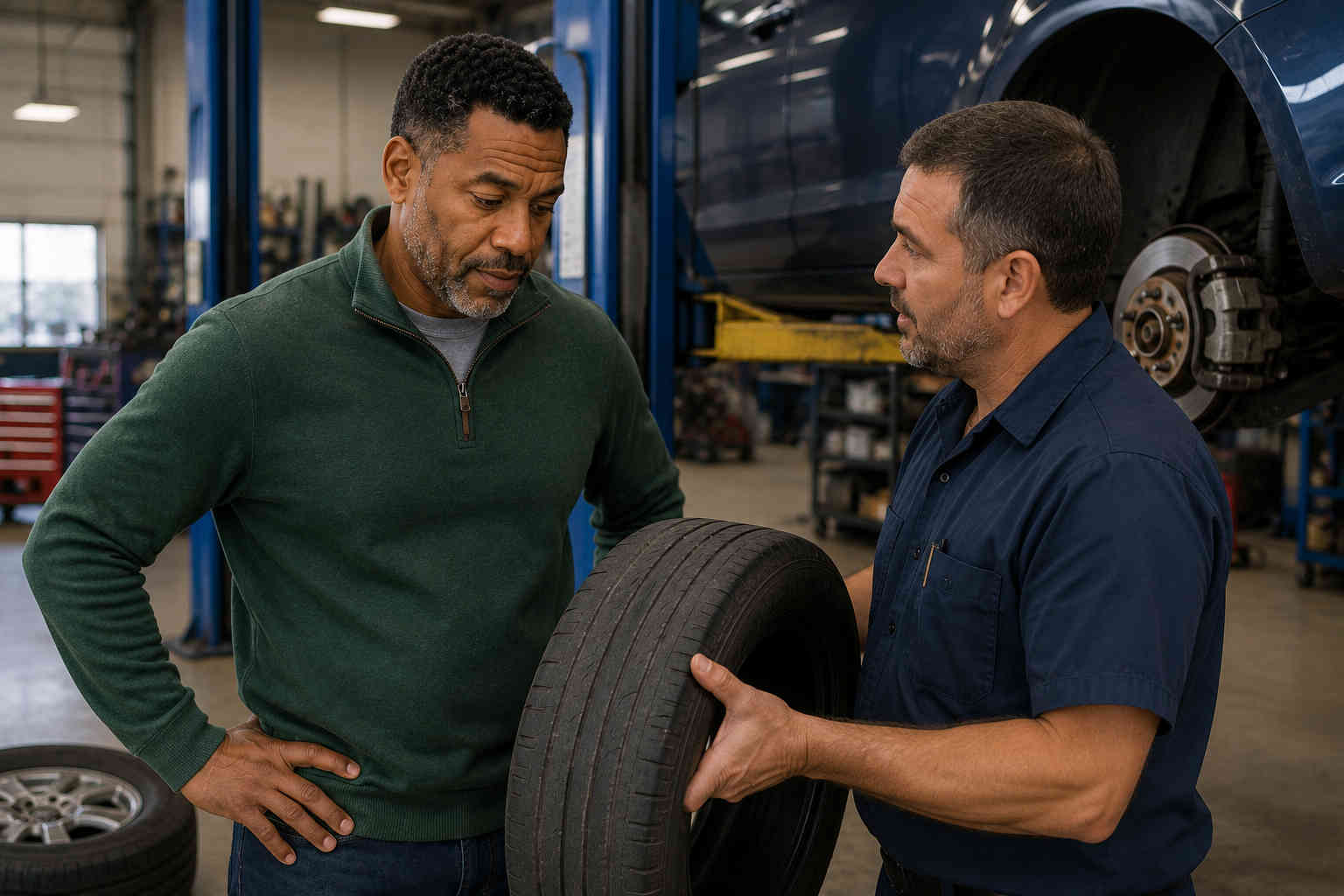 Man discussing a worn tire with a mechanic as an example of a predictable irregular expense
