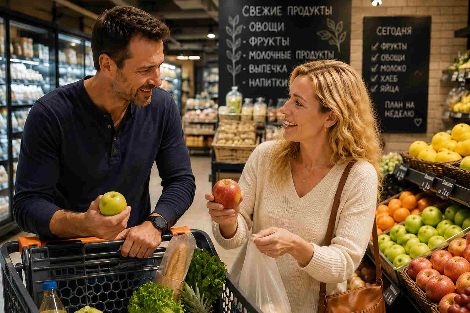 International couple choosing fruit and grocery shopping together during ordinary daily life
