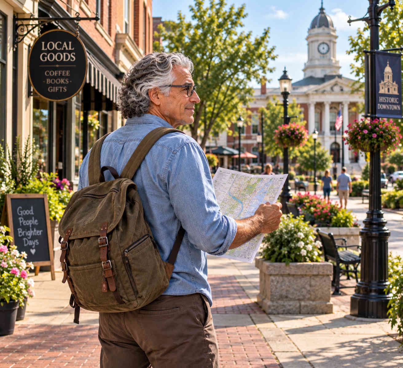Older man using a paper map while exploring a historic downtown on his own