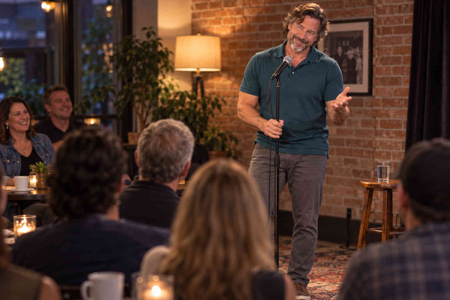 Man trying an open mic performance in front of a small audience after divorce