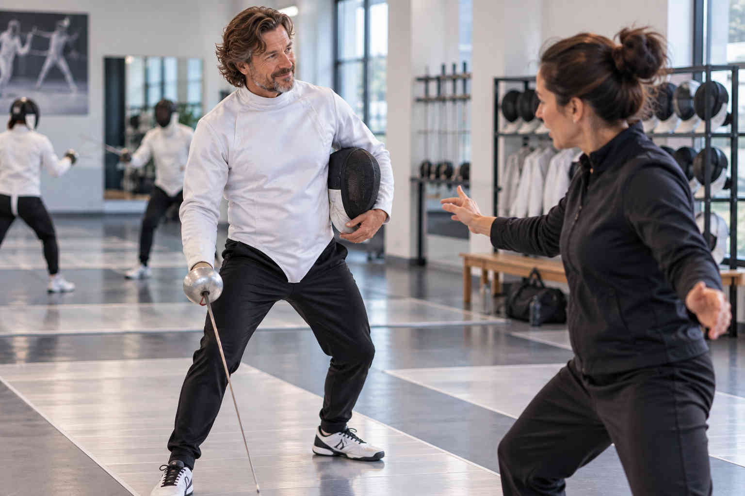 Man trying fencing with an instructor after divorce