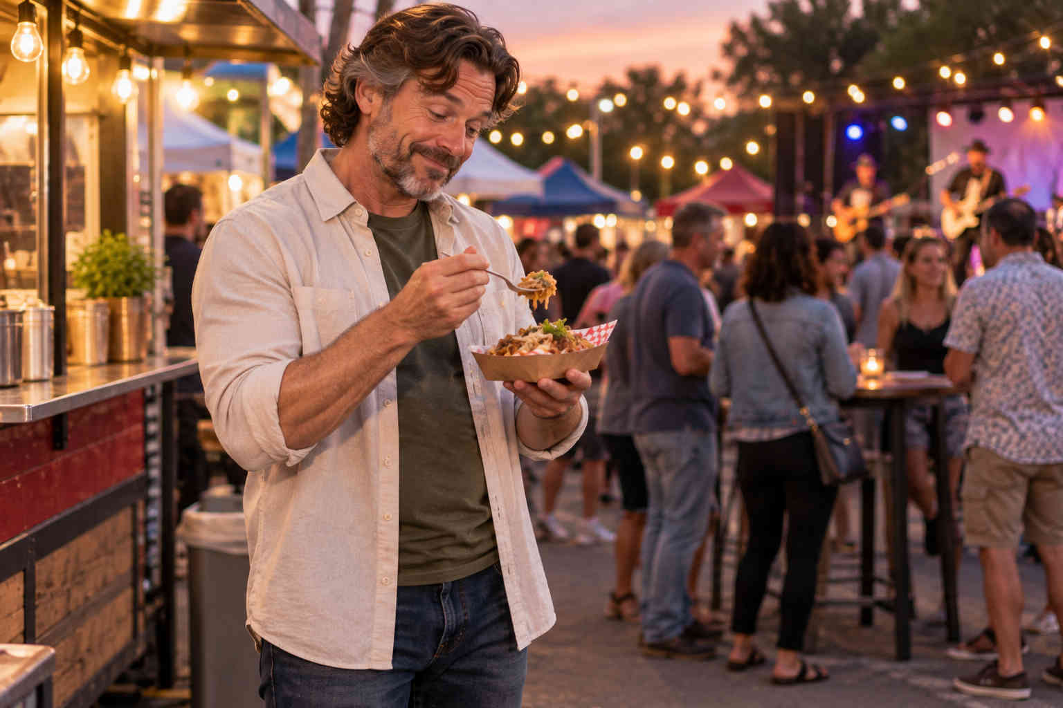 Man trying unfamiliar food at an outdoor street festival after divorce