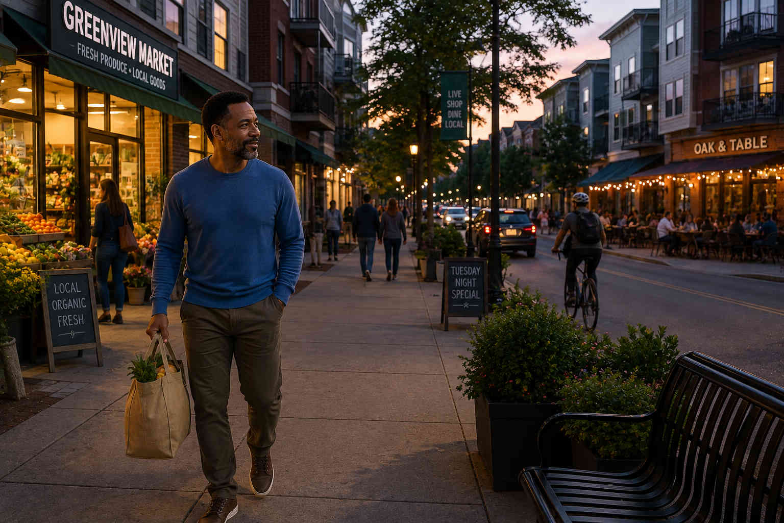 Man carrying groceries along a walkable neighborhood street with a market, restaurant, apartments and evening activity nearby