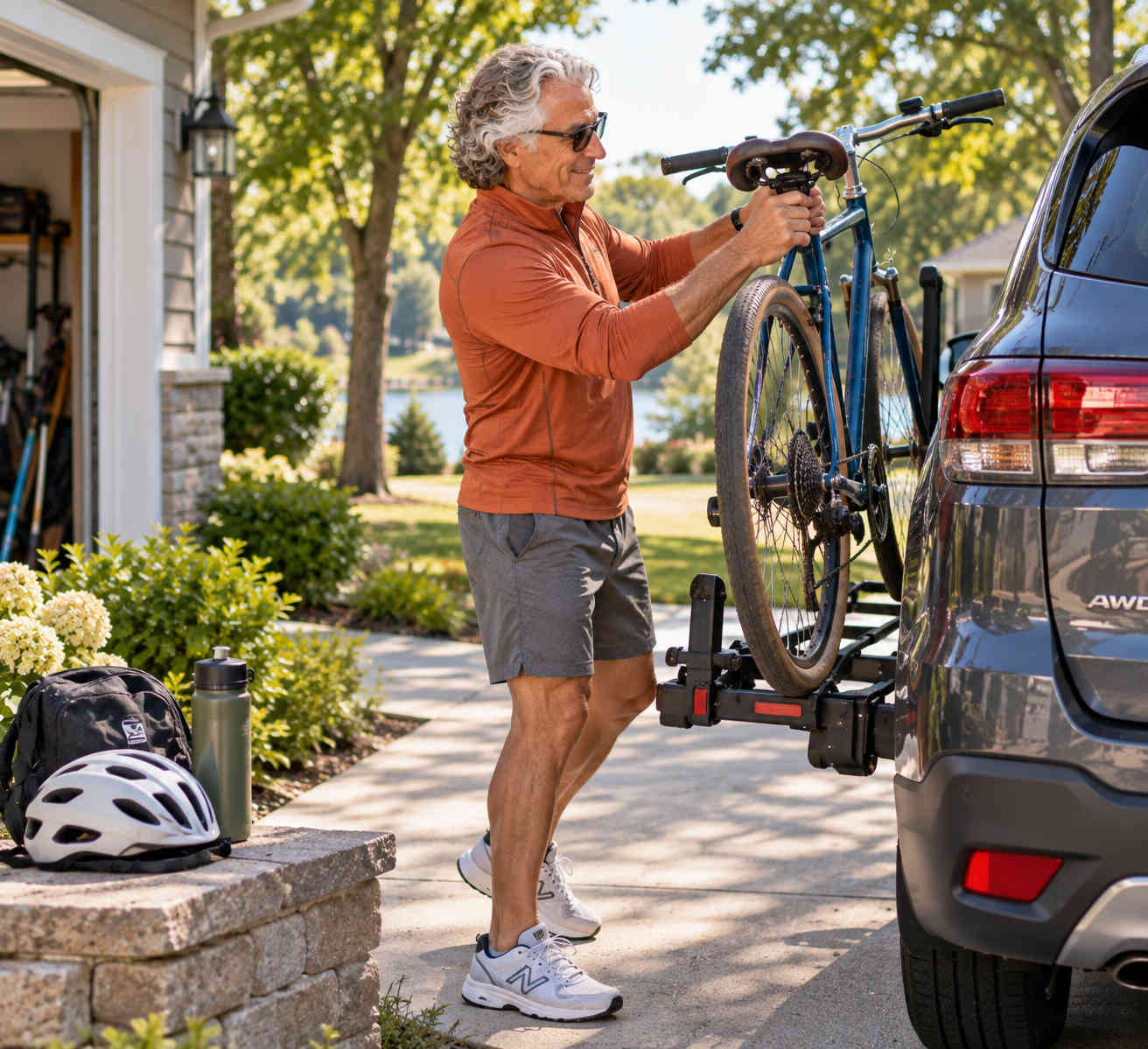Older man loading a bicycle onto a rear bike rack for a Saturday ride