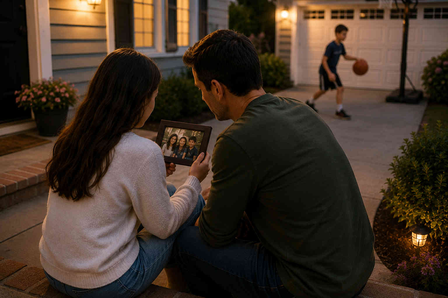 Father and daughter looking together at a family photo while the son plays nearby after divorce