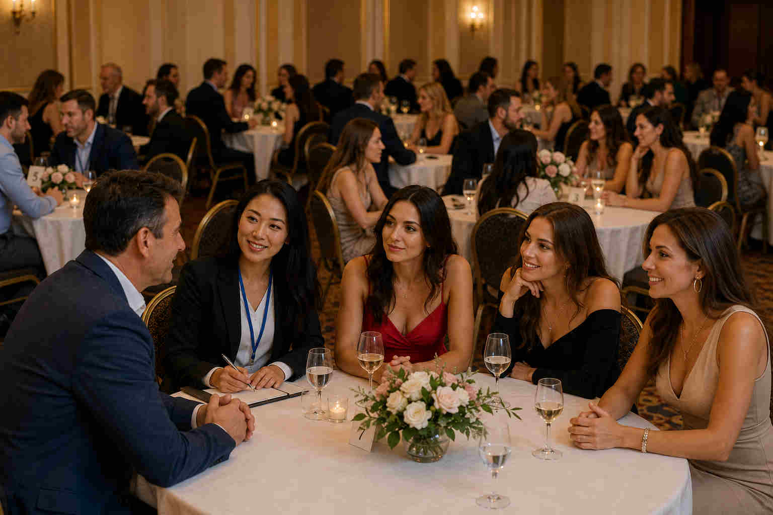 International dating social event in an elegant hotel ballroom with an interpreter and Ukrainian women at round tables