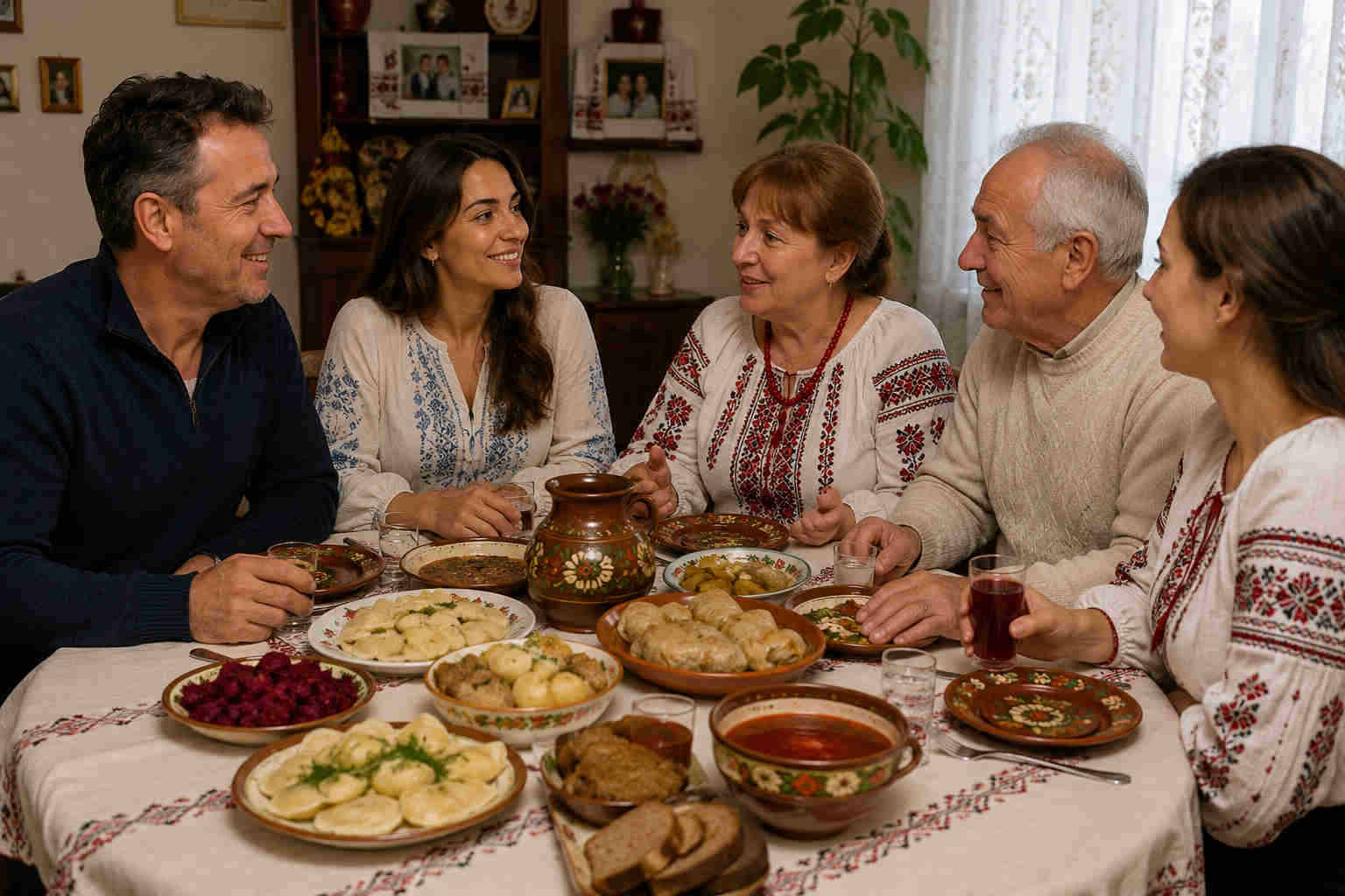 American man sharing traditional Ukrainian dinner with a Ukrainian woman and her family