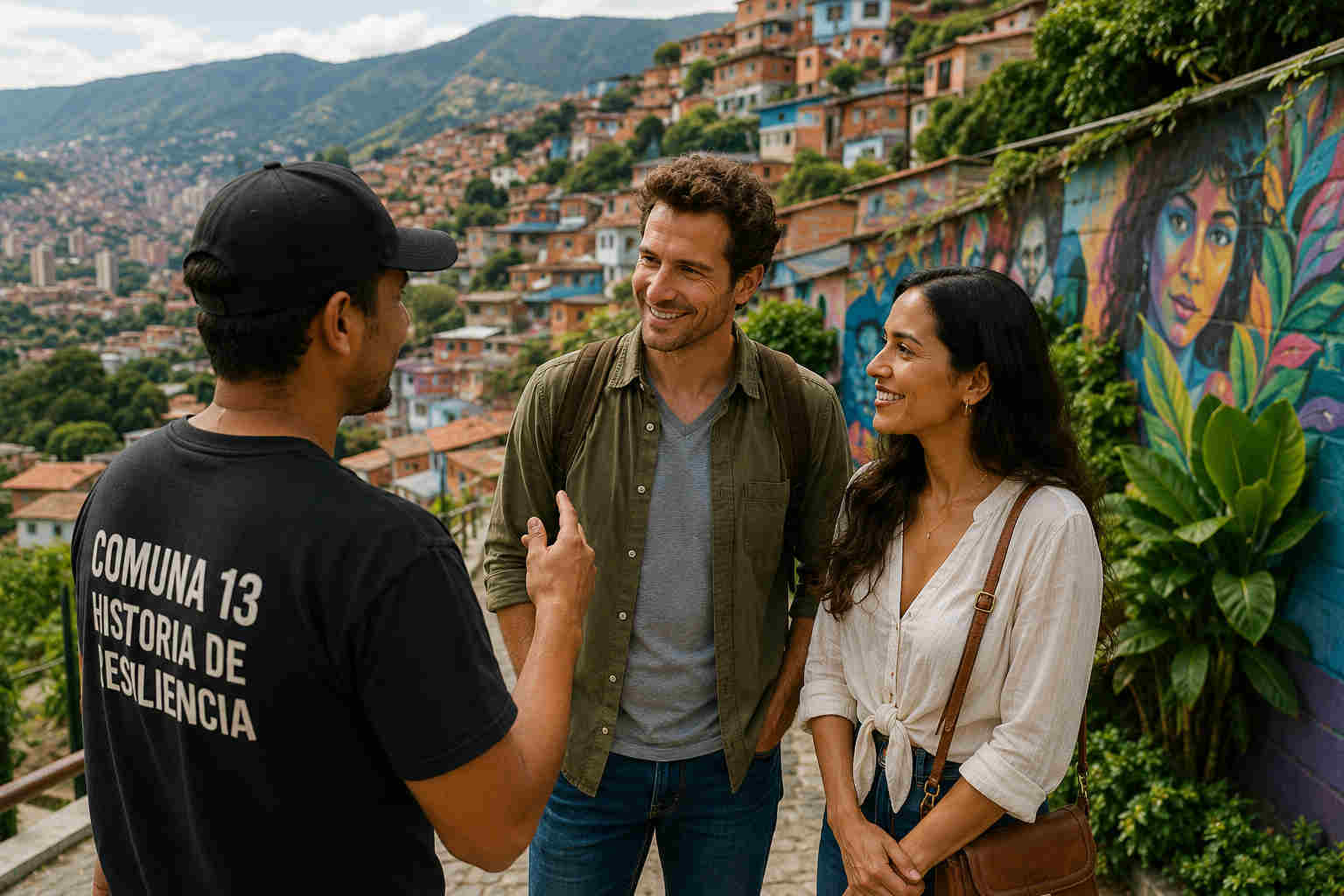 A couple listens to a guide in Comuna 13 while learning about Colombian history and resilience