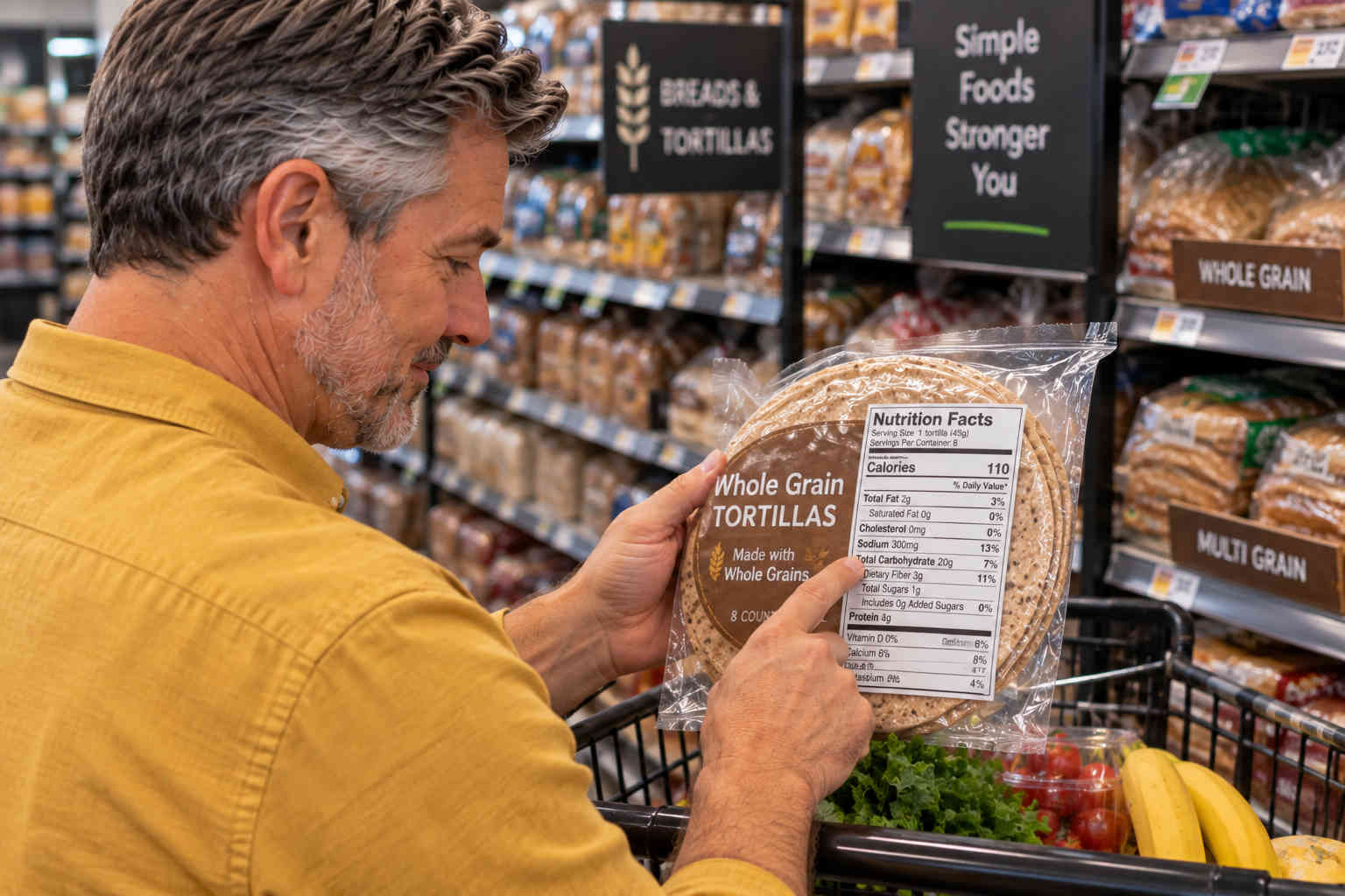 Man using the percent Daily Value column on a whole grain tortilla Nutrition Facts panel