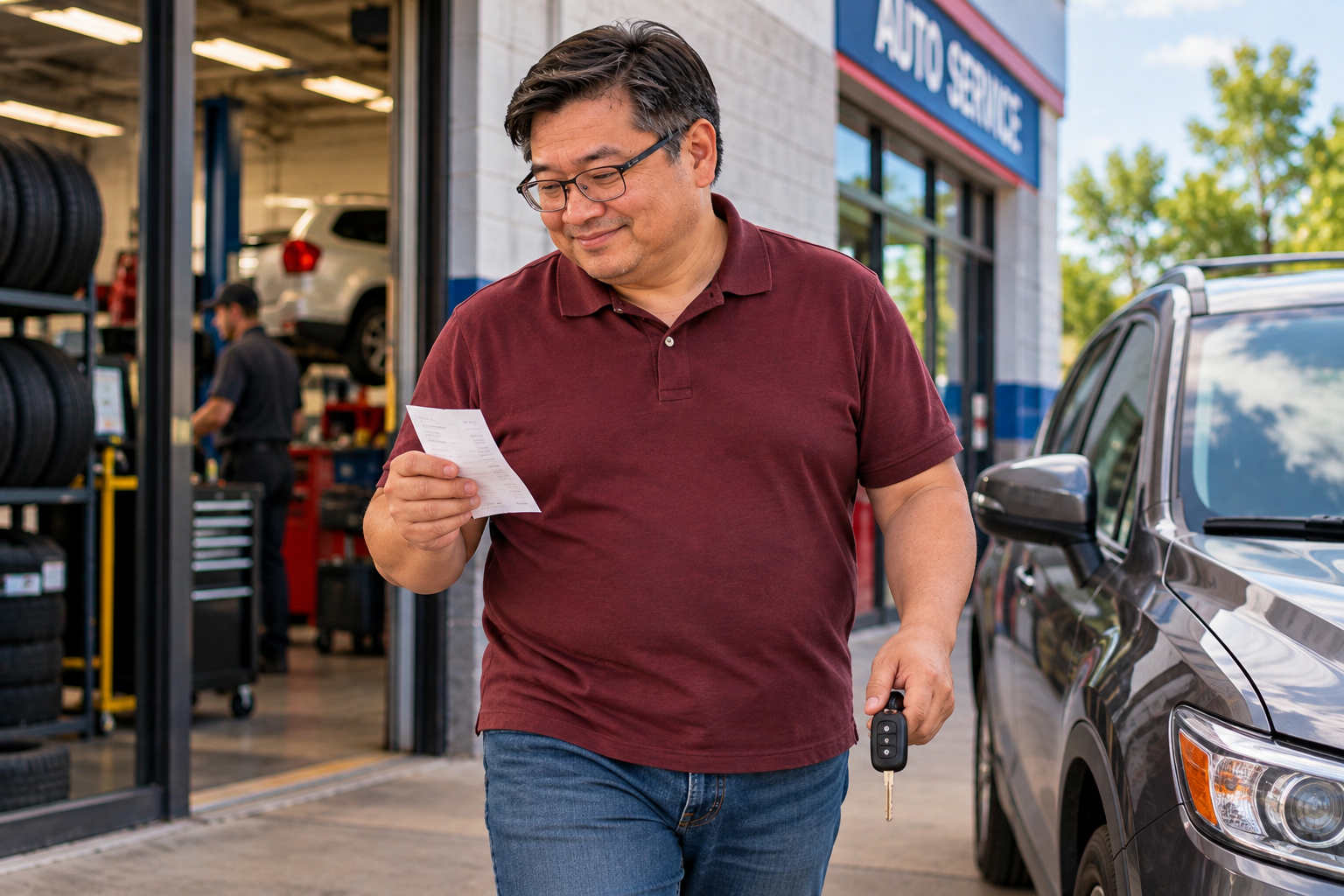 An Asian man calmly reviews an auto repair receipt after covering the unexpected expense with savings
