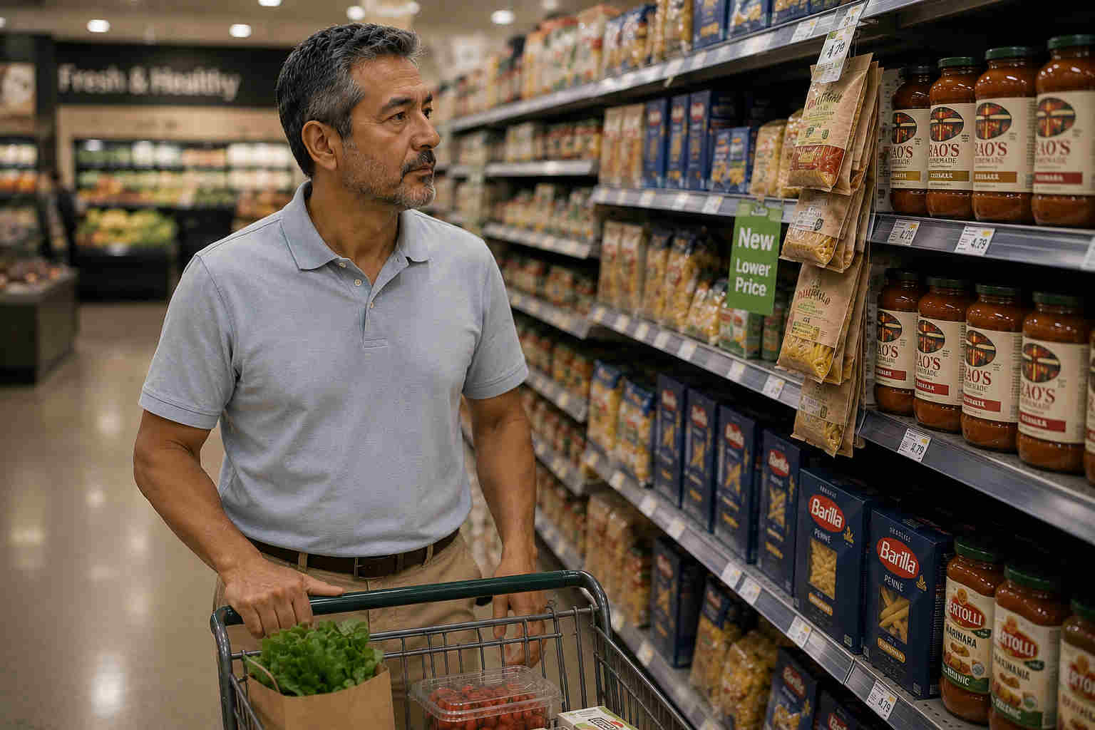 Divorced man pausing in a grocery aisle after noticing a familiar food that triggers a memory from his marriage