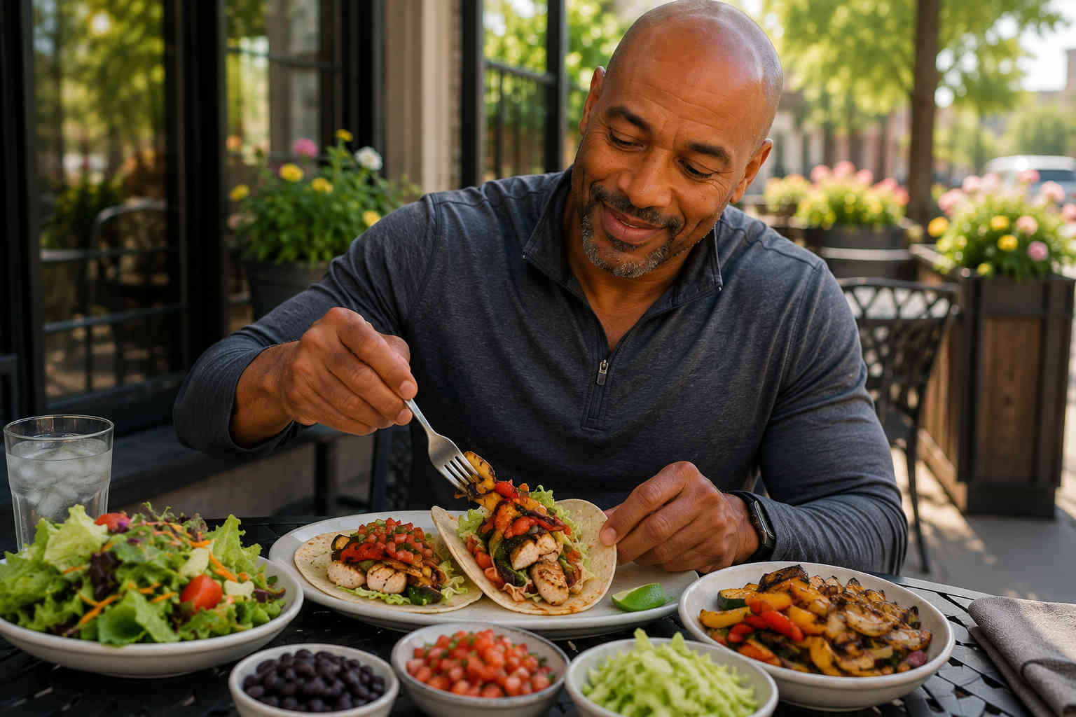 Man adding grilled vegetables to chicken tacos at an outdoor restaurant table with salad, beans, salsa, and fresh vegetables