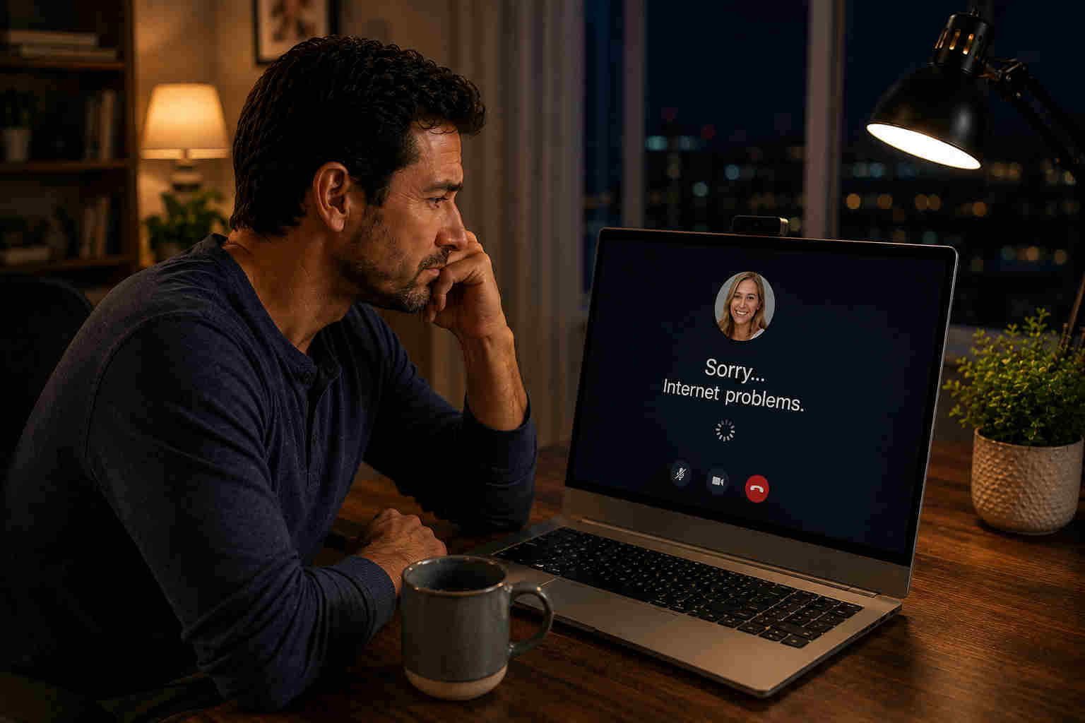 Man disappointed during a cancelled video call with message saying internet problems