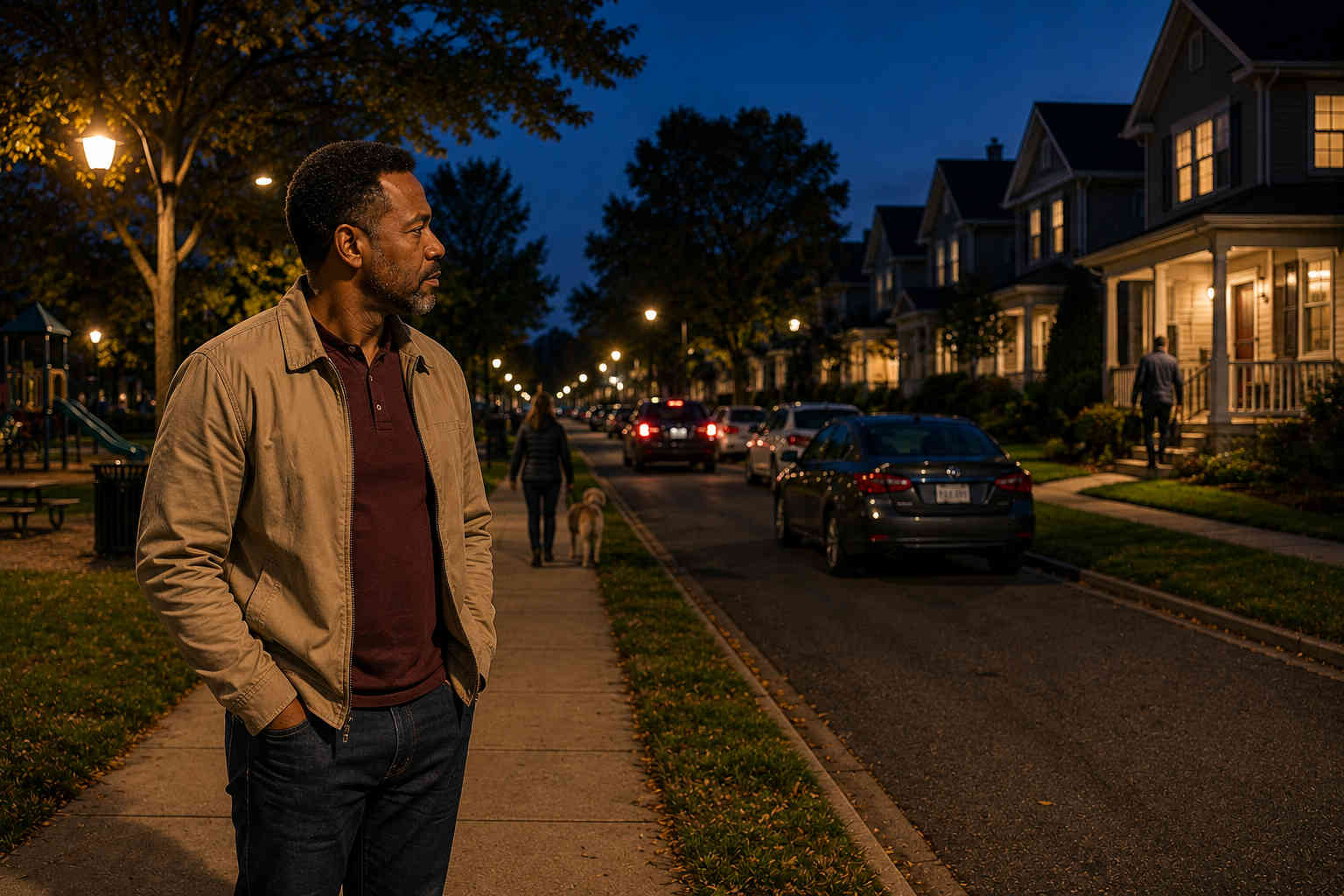 Man evaluating a residential neighborhood after dark with streetlights, parked cars, lit homes and residents walking nearby
