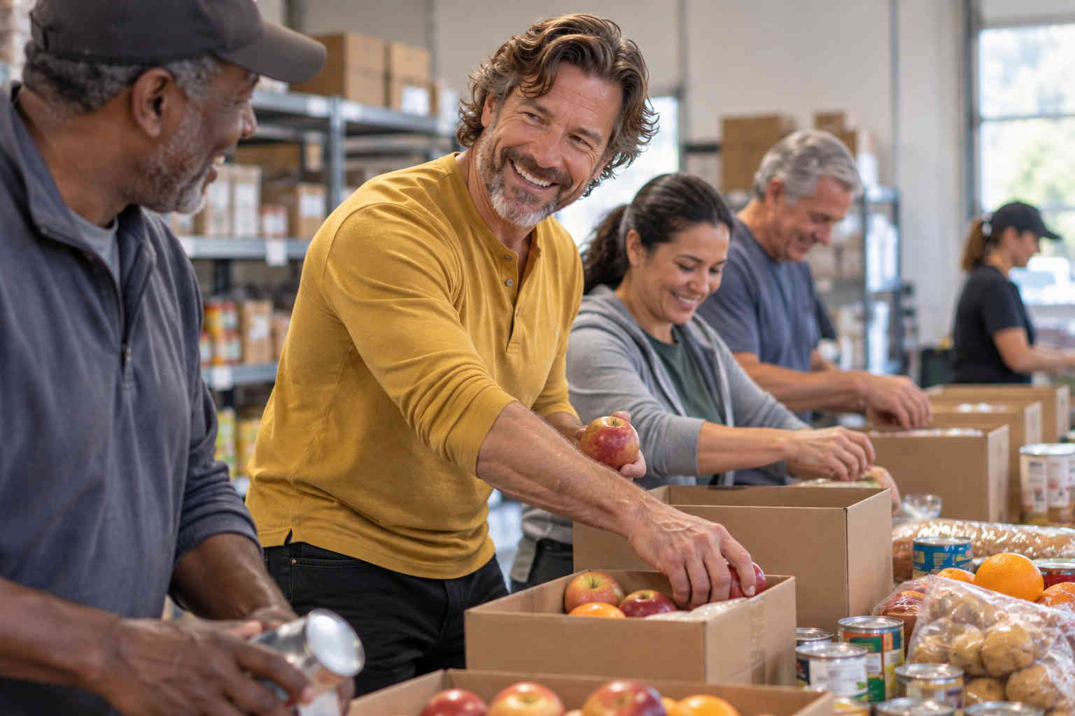 Man volunteering with other adults at a food bank after divorce