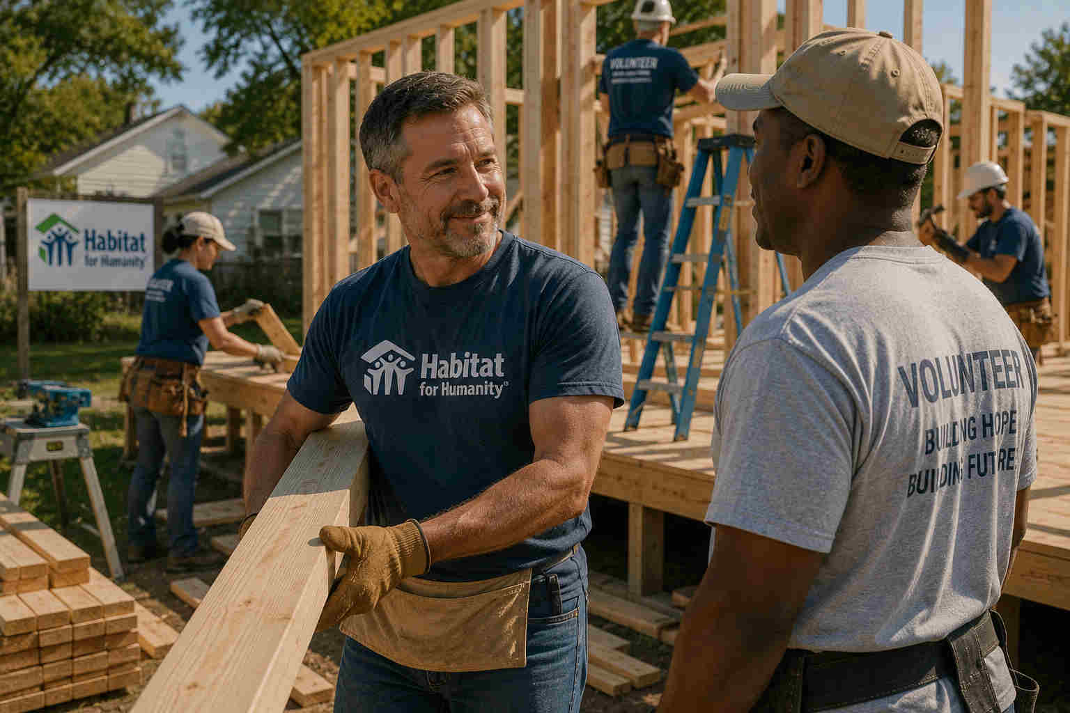 Man volunteering with others to frame a small house and finding purpose after divorce