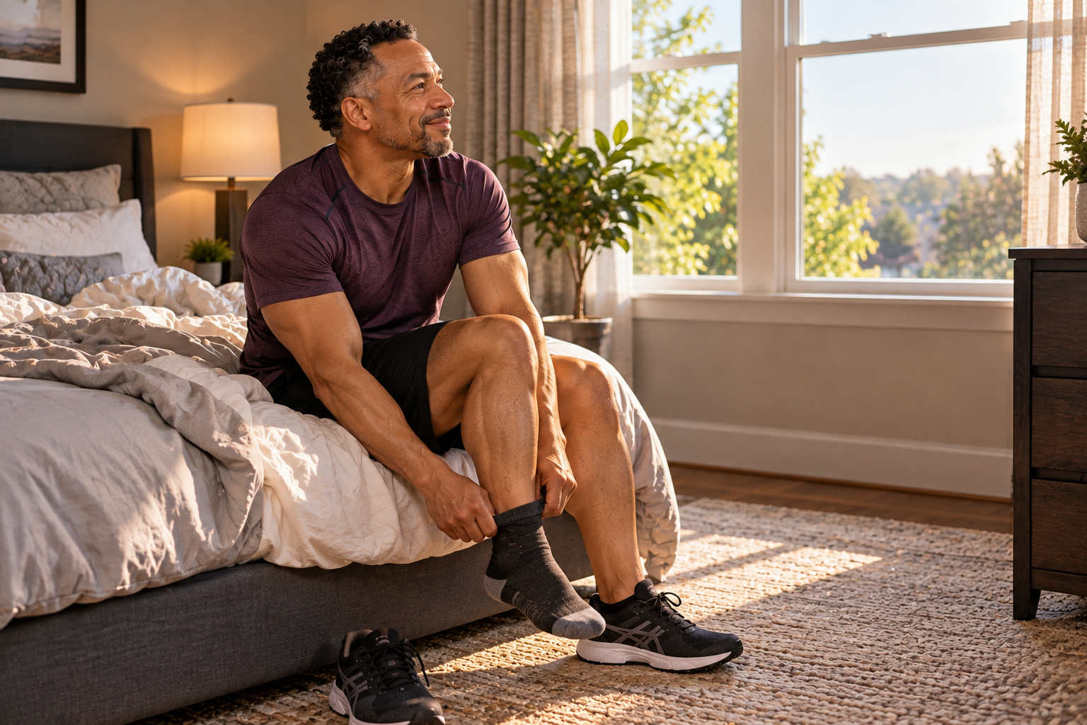 Marcus sitting on the edge of his bed in workout clothes after waking rested and ready to exercise