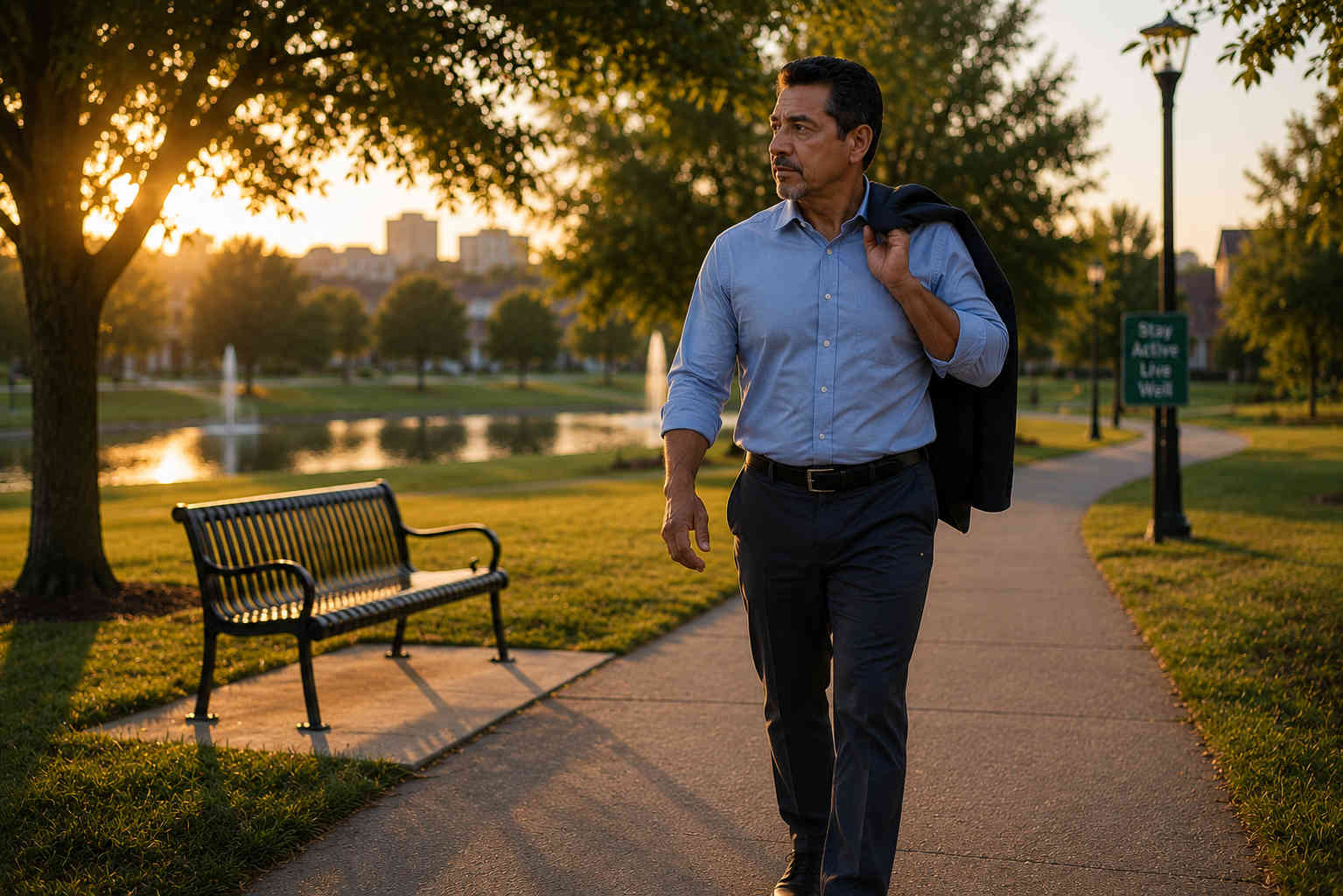 Man in business-casual clothes taking a purposeful walk through a neighborhood park after work
