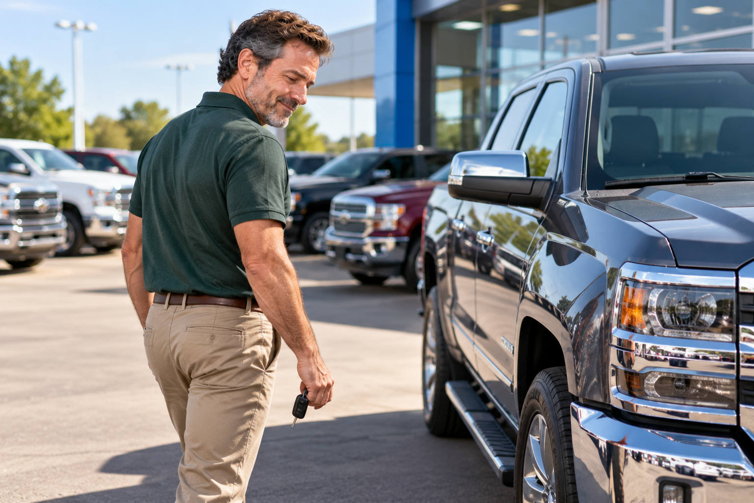 Man walking away from an expensive vehicle purchase while keeping his current financial plan