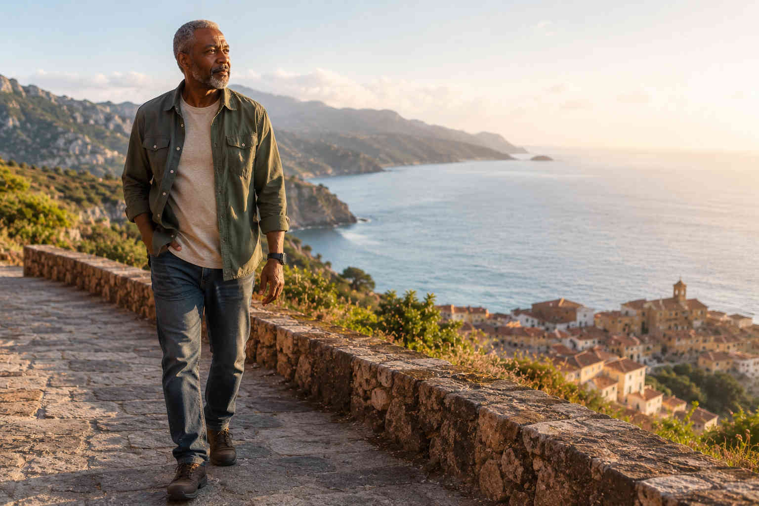 An African American man in his sixties walks alone along a scenic coastal overlook during a peaceful solo trip