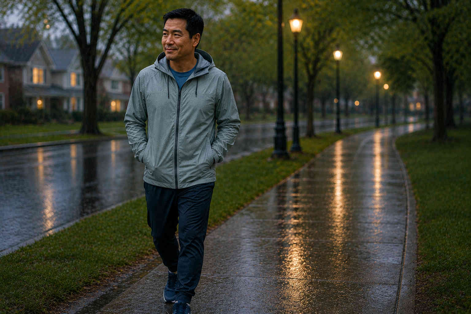 Man continuing a relaxed neighborhood walk in light rain with a slight smile