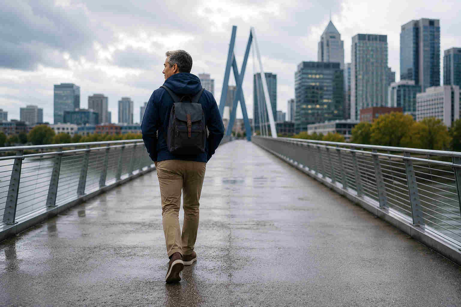 Divorced man walking confidently across a modern pedestrian bridge toward a city after rain