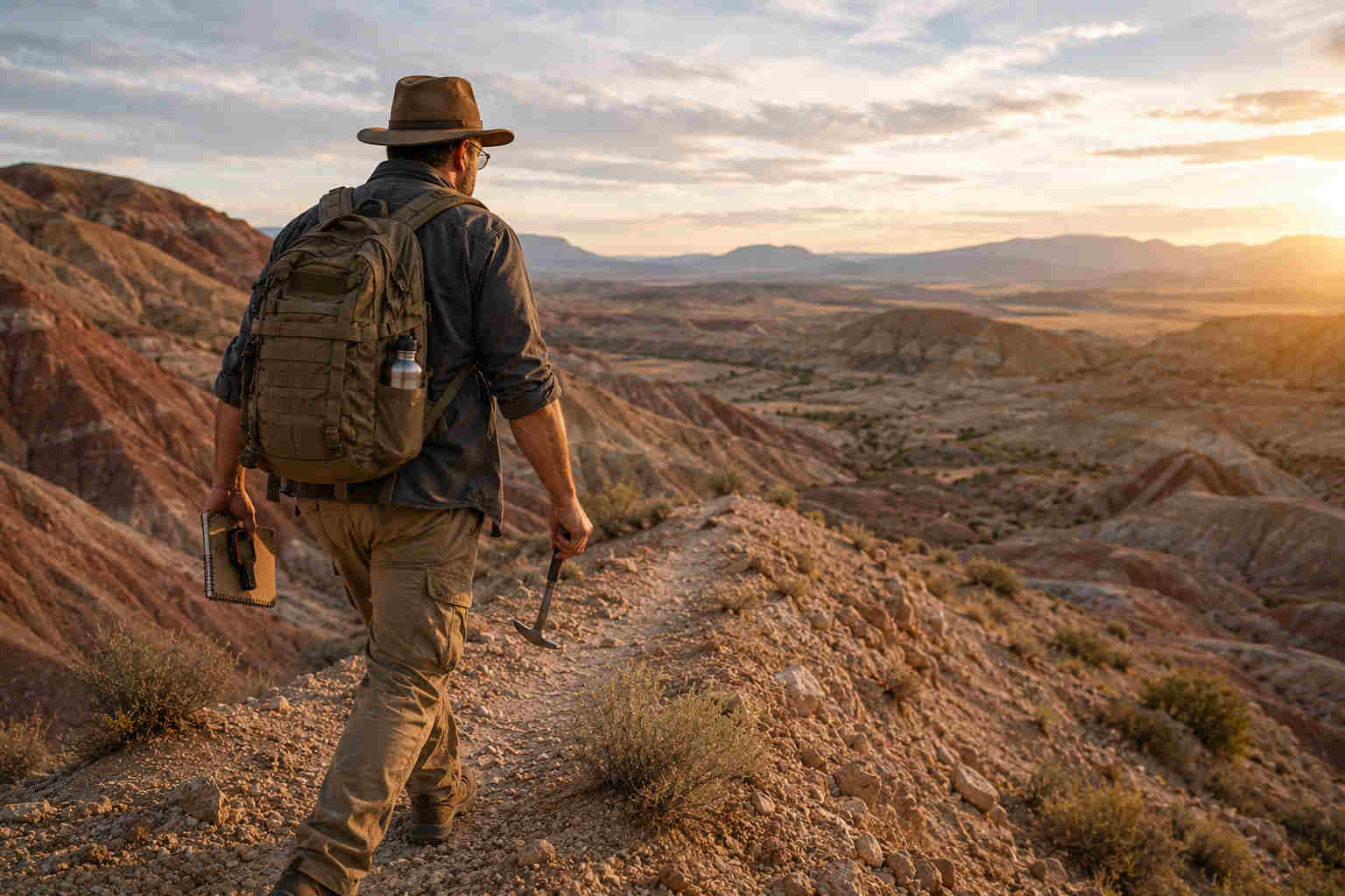 Paleontologist hiking alone across colorful desert ridges toward unexplored terrain