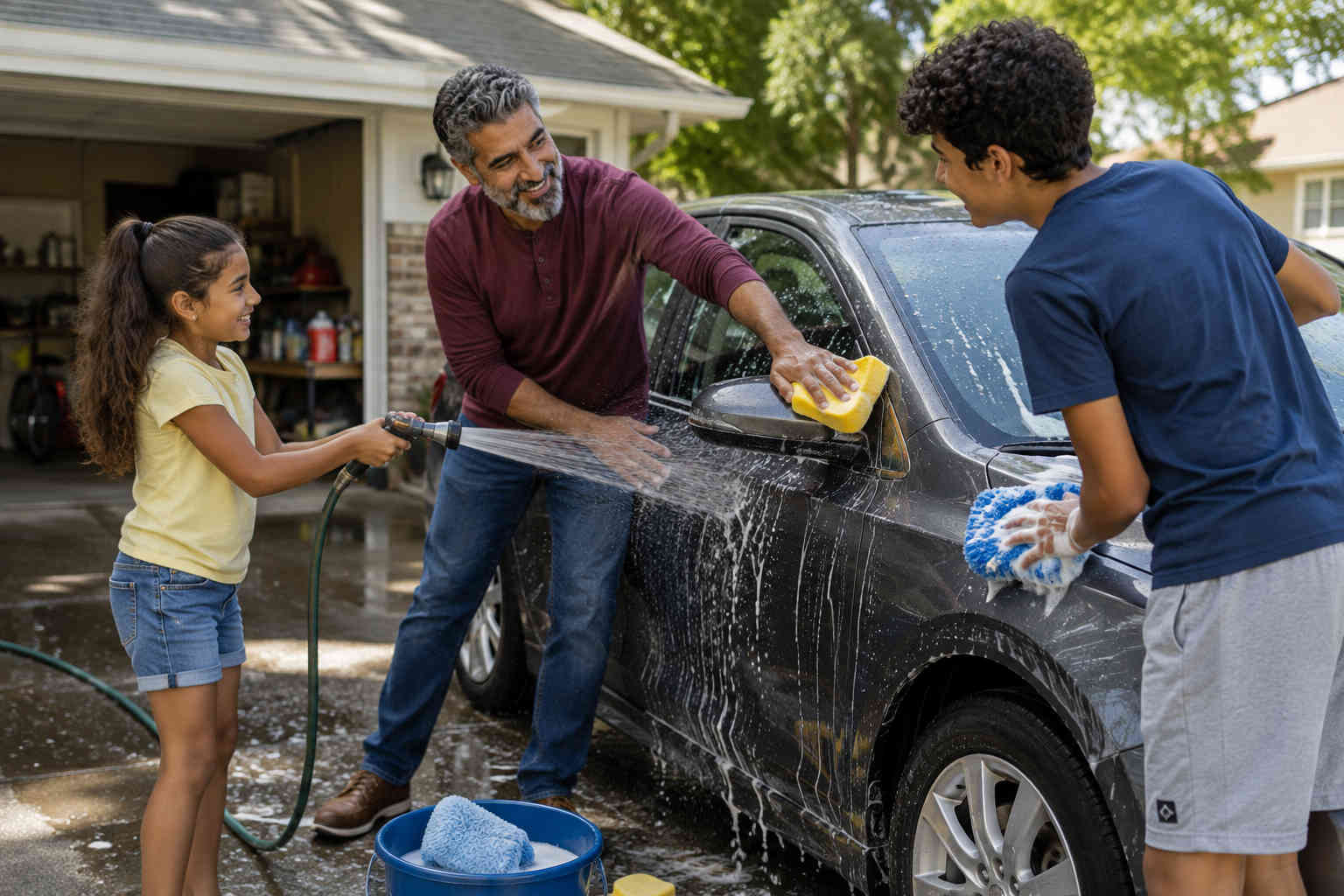 Father, teenage son, and young daughter laughing together while washing the family car in the driveway