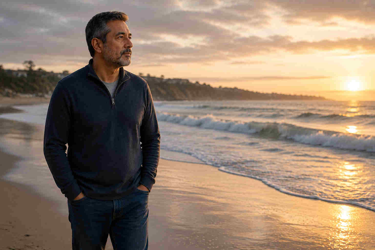 Divorced man standing beside the ocean and calmly watching waves reach the shore