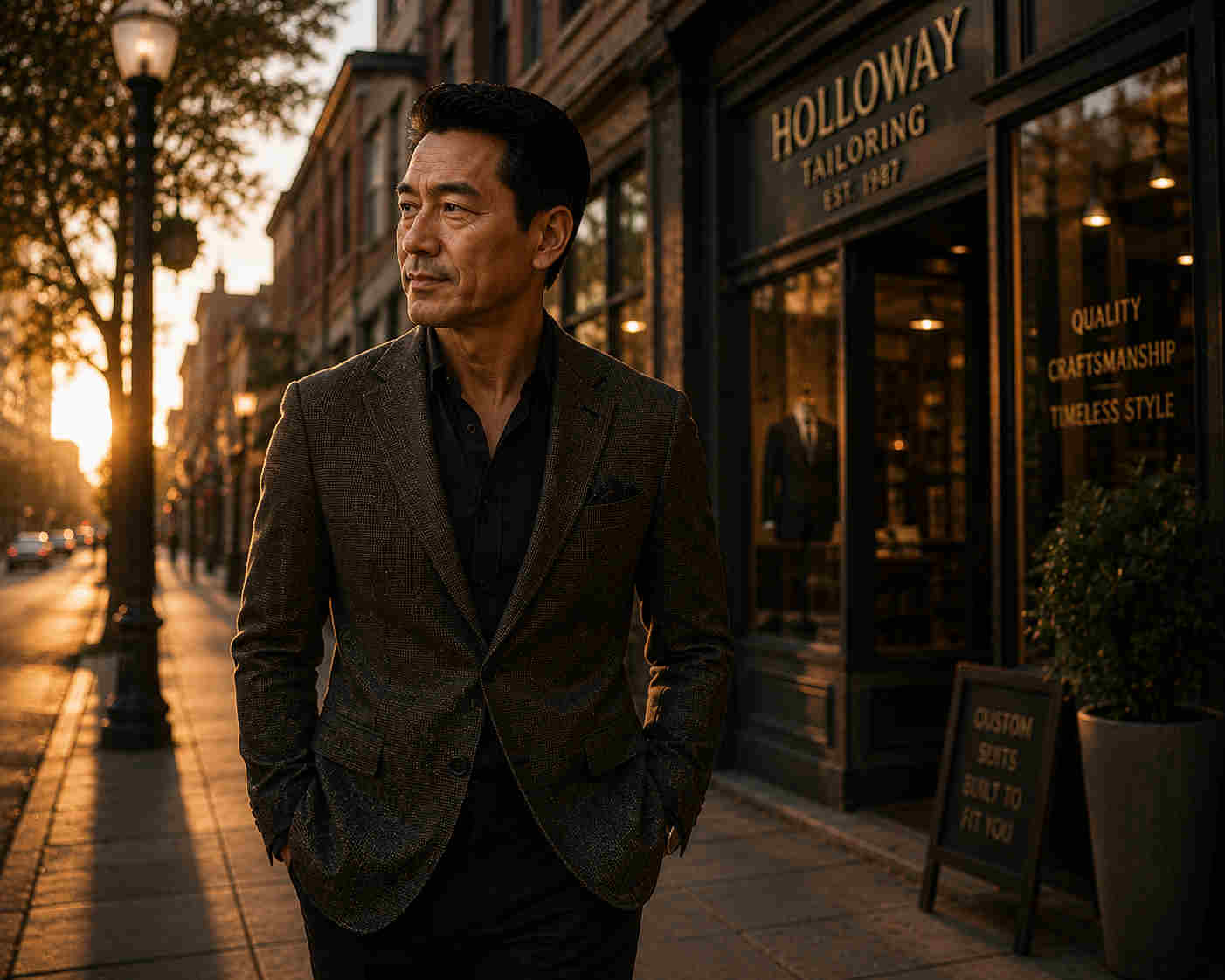 Asian tailor walking confidently past his shop while wearing the jacket he designed for himself