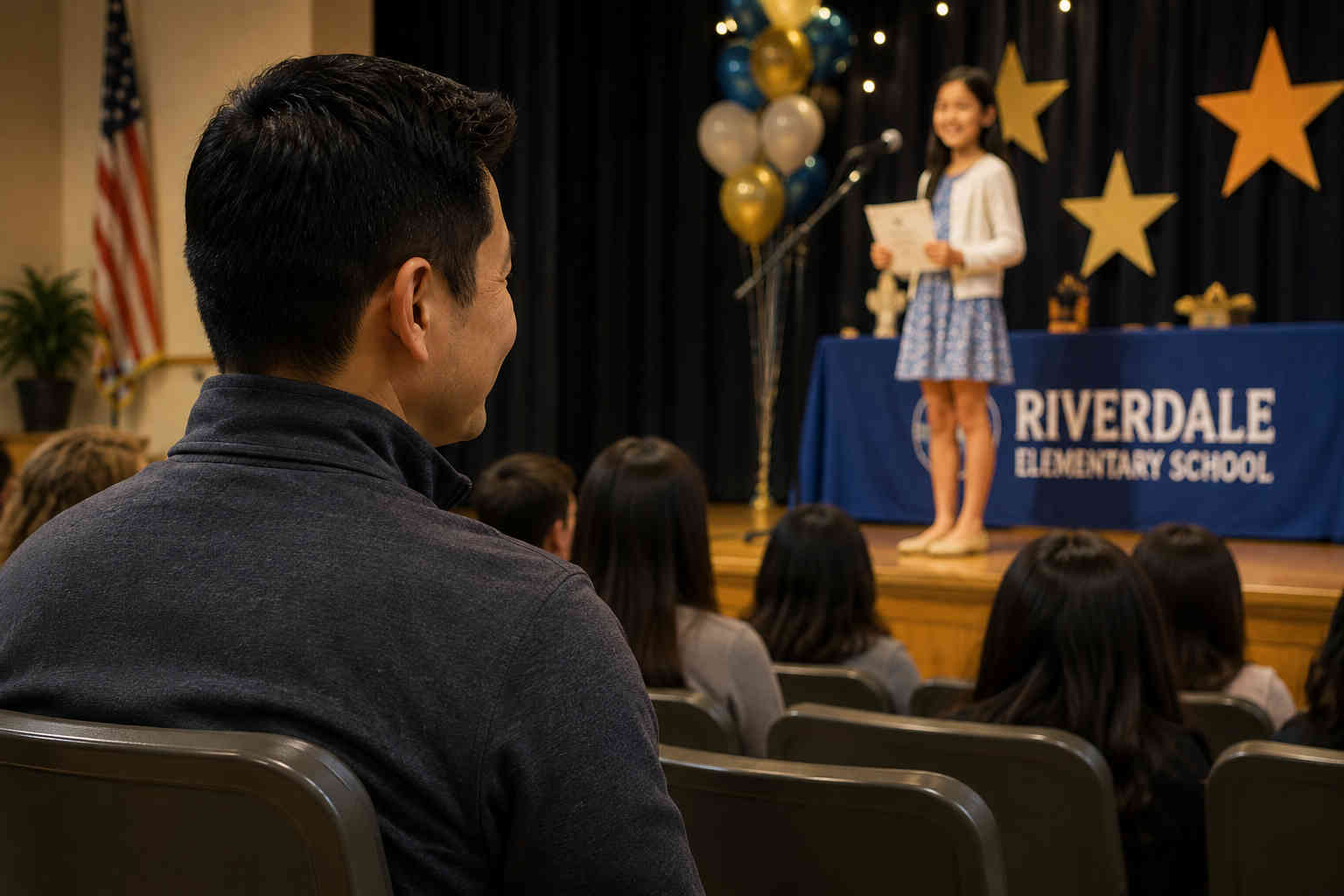 Chinese father watching proudly as his daughter receives recognition at a school awards ceremony