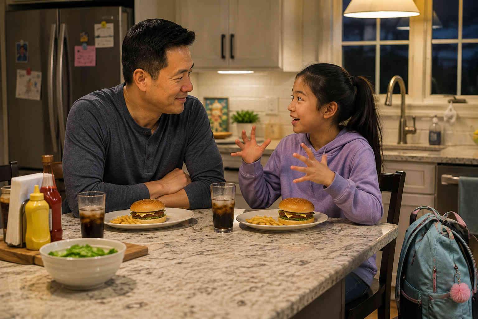 Chinese father listening while his daughter talks animatedly about school over burgers on Friday night