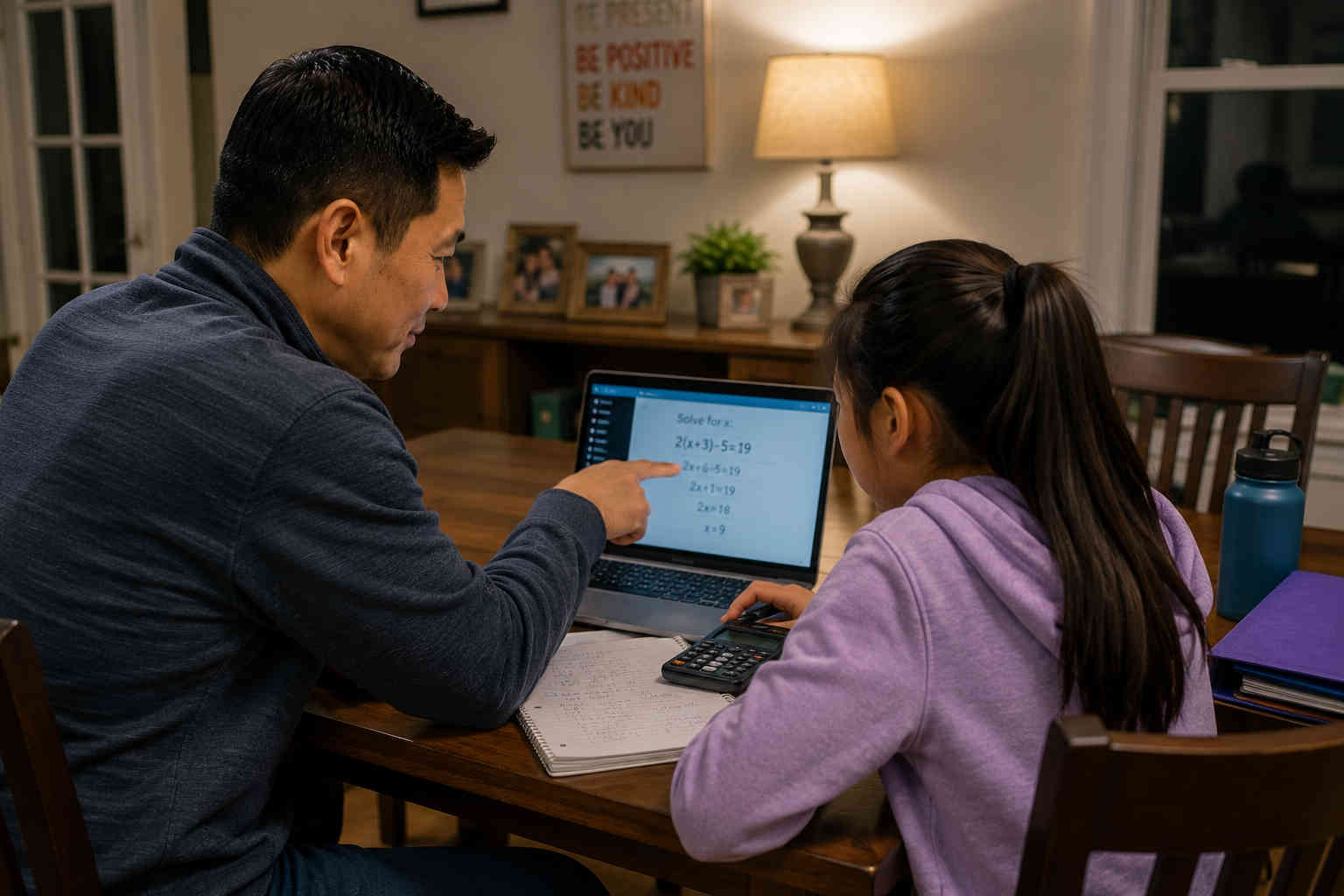 Chinese father helping his daughter work through a math problem on a laptop at the dining table