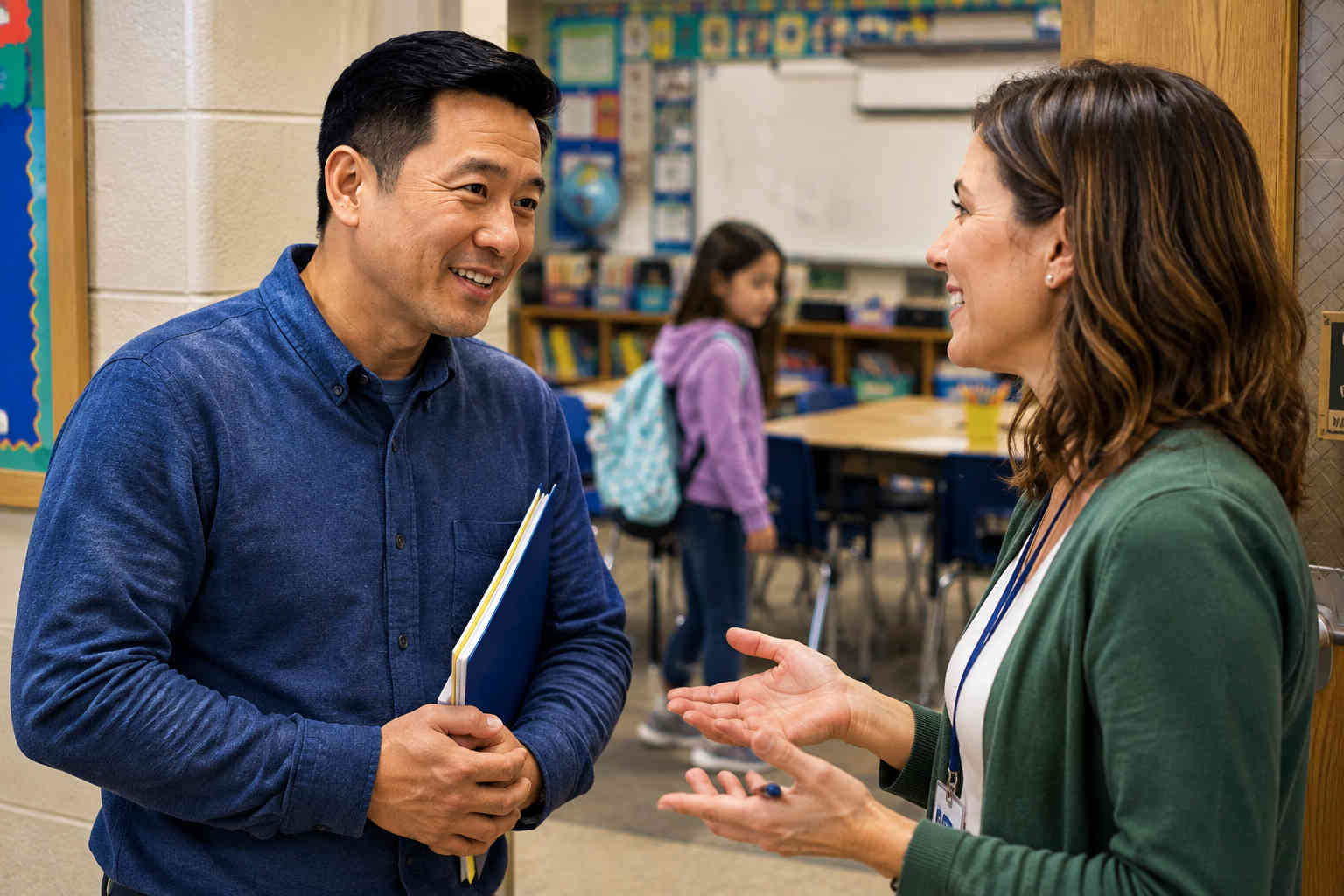 Chinese weekend dad speaking with his daughter's teacher at a classroom doorway during an open house