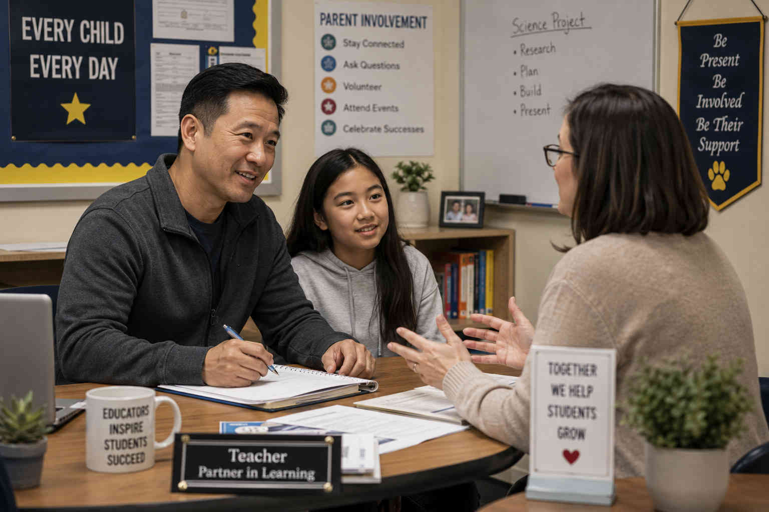 A Chinese father and his daughter meet with her teacher at school, demonstrating how a weekend dad can remain involved in his child's education