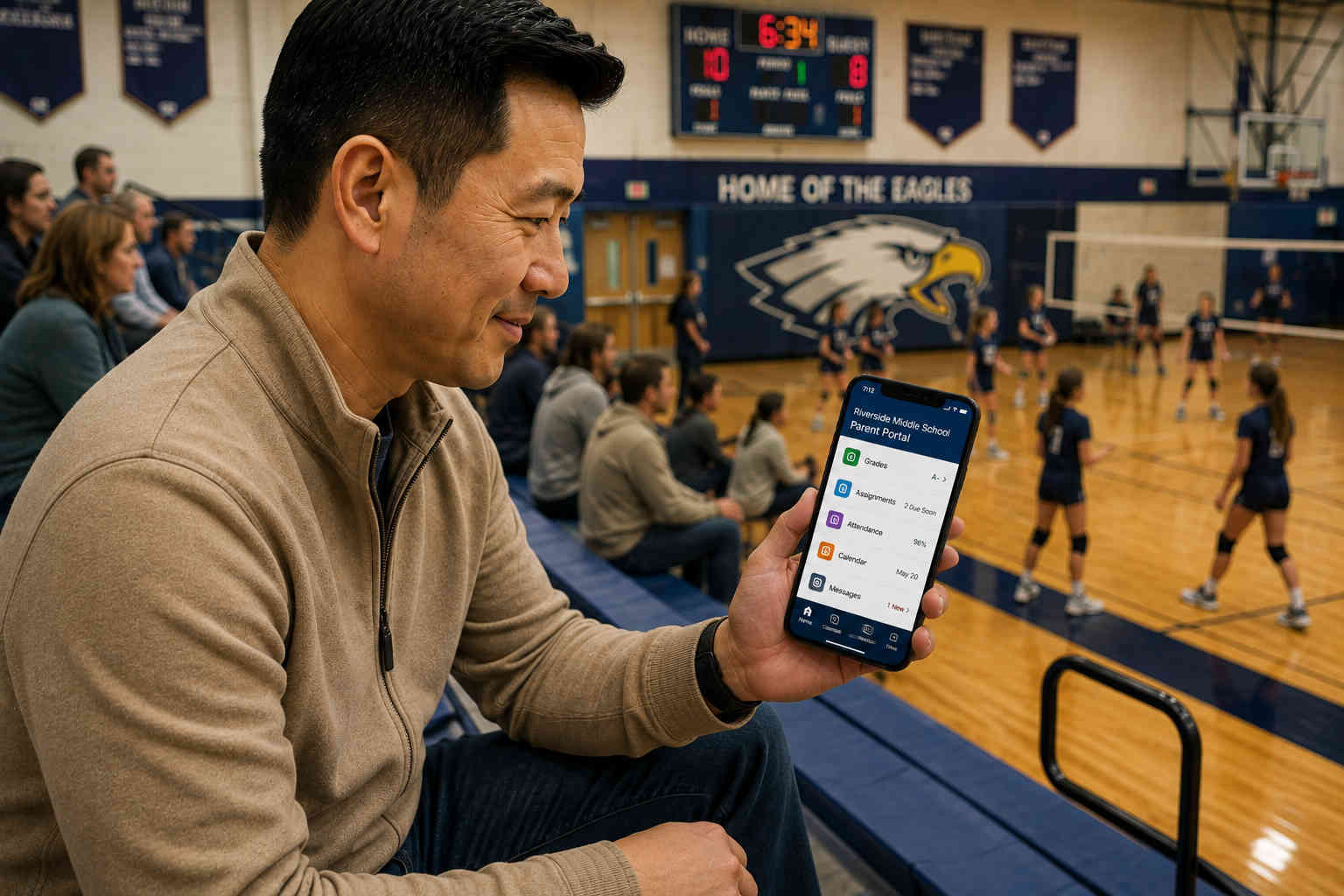 Chinese weekend dad checking a school parent portal app on his phone while sitting in gym bleachers