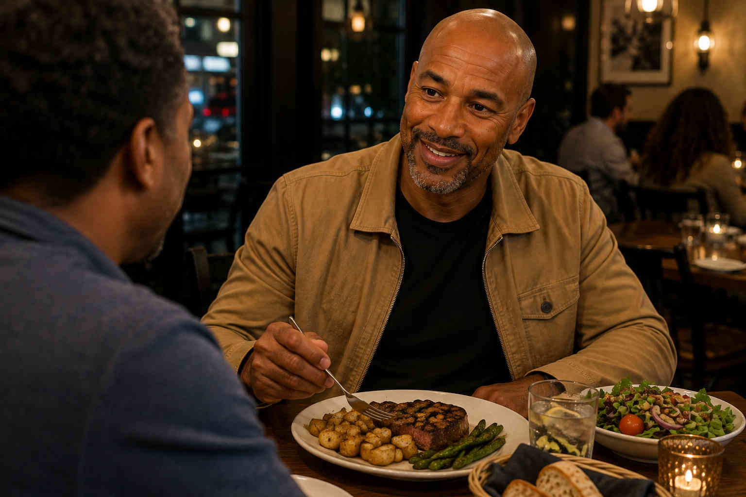 Man enjoying a restaurant dinner with a friend while eating steak, potatoes, asparagus, and salad