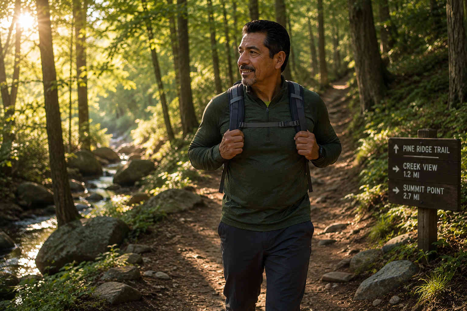 Man smiling while hiking on a wooded trail with a small backpack during a weekend morning