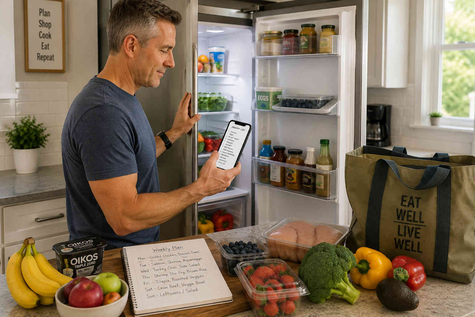 Man checking his refrigerator and reviewing a grocery list on his phone before shopping for healthy food
