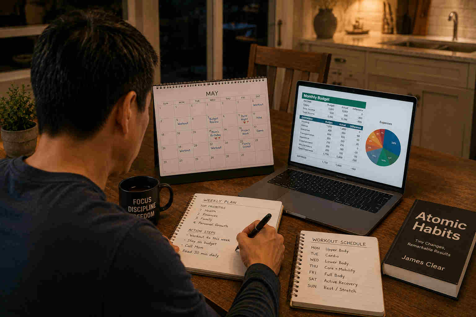 Divorced man calmly organizing his weekly recovery routine and budget
