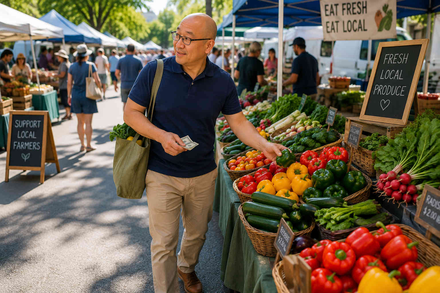 Bald Asian man with glasses shopping intentionally with cash at a farmers market