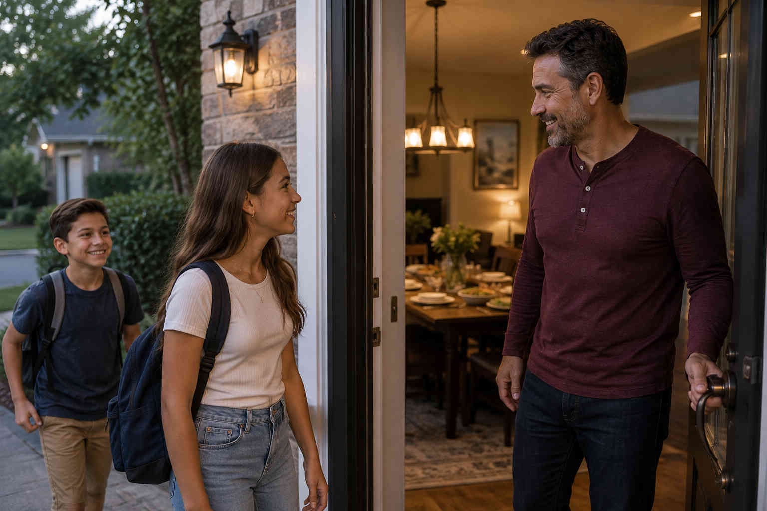 Divorced father welcoming his son and daughter to his nearby home for a casual weeknight dinner